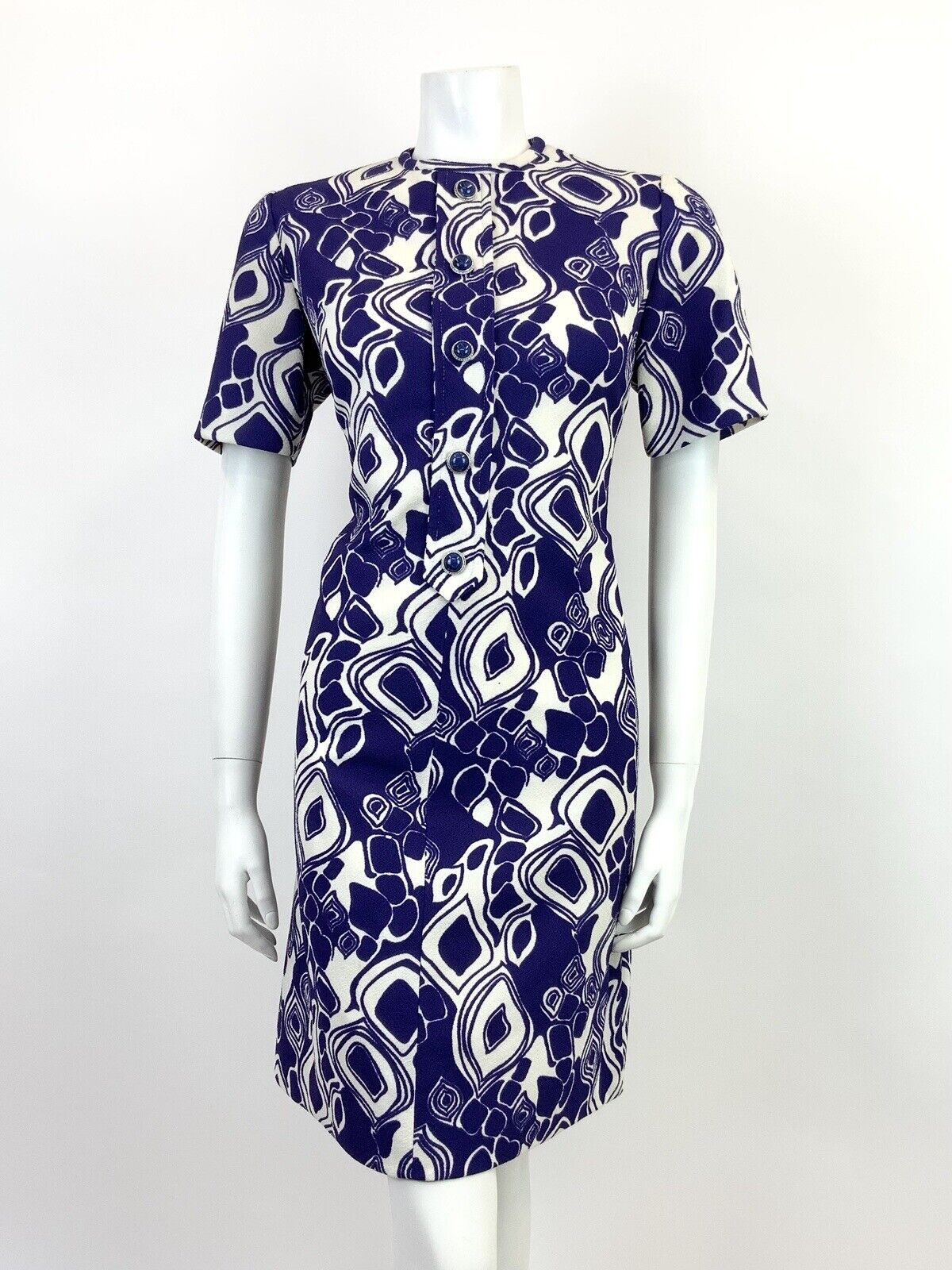 VINTAGE 60s 70s VIOLET PURPLE WHITE PSYCHEDELIC GEOMETRIC MOD SHORT DRESS 10 12