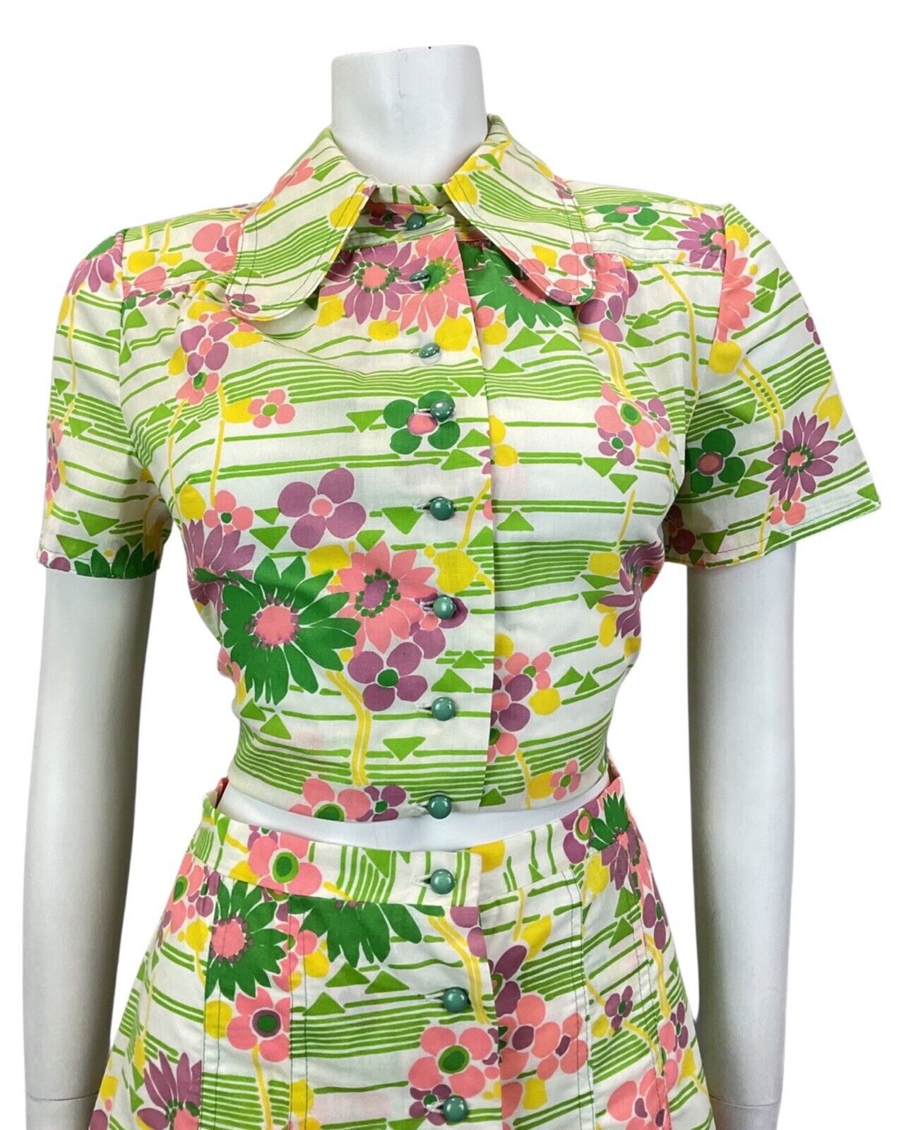 VINTAGE 60s 70s GREEN WHITE PINK STRIPED FLORAL MOD TWO-PIECE SHIRT SKIRT 10