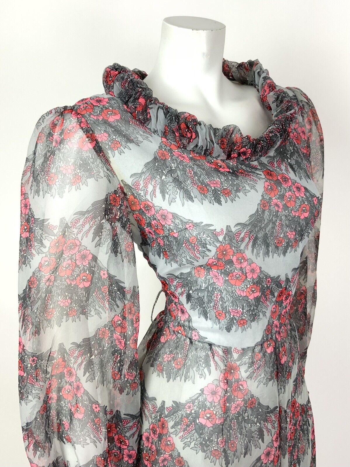 VINTAGE 60s 70s GREY RED PINK FLORAL SCALES RUFFLED SHEER MOD DRESS 12 14