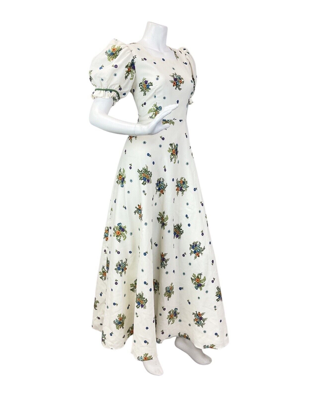 VINTAGE 60s 70s CREAM BLUE GREEN FLORAL BOUQUET PUFF SLEEVE BOHO MAXI DRESS 8 10