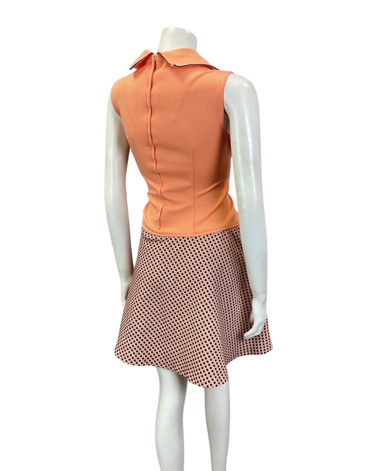 VINTAGE 60s 70s PEACH BROWN WHITE CHECKERBOARD MOD BEAGLE COLLAR SWING DRESS 14