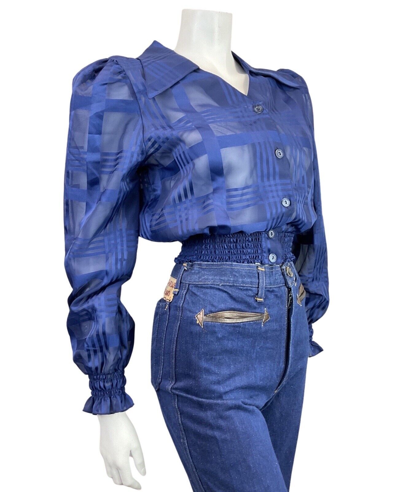 VINTAGE 60s 70s NAVY BLUE PLAID CHECKED SHEER SHIRRED CROPPED BLOUSE 8 10