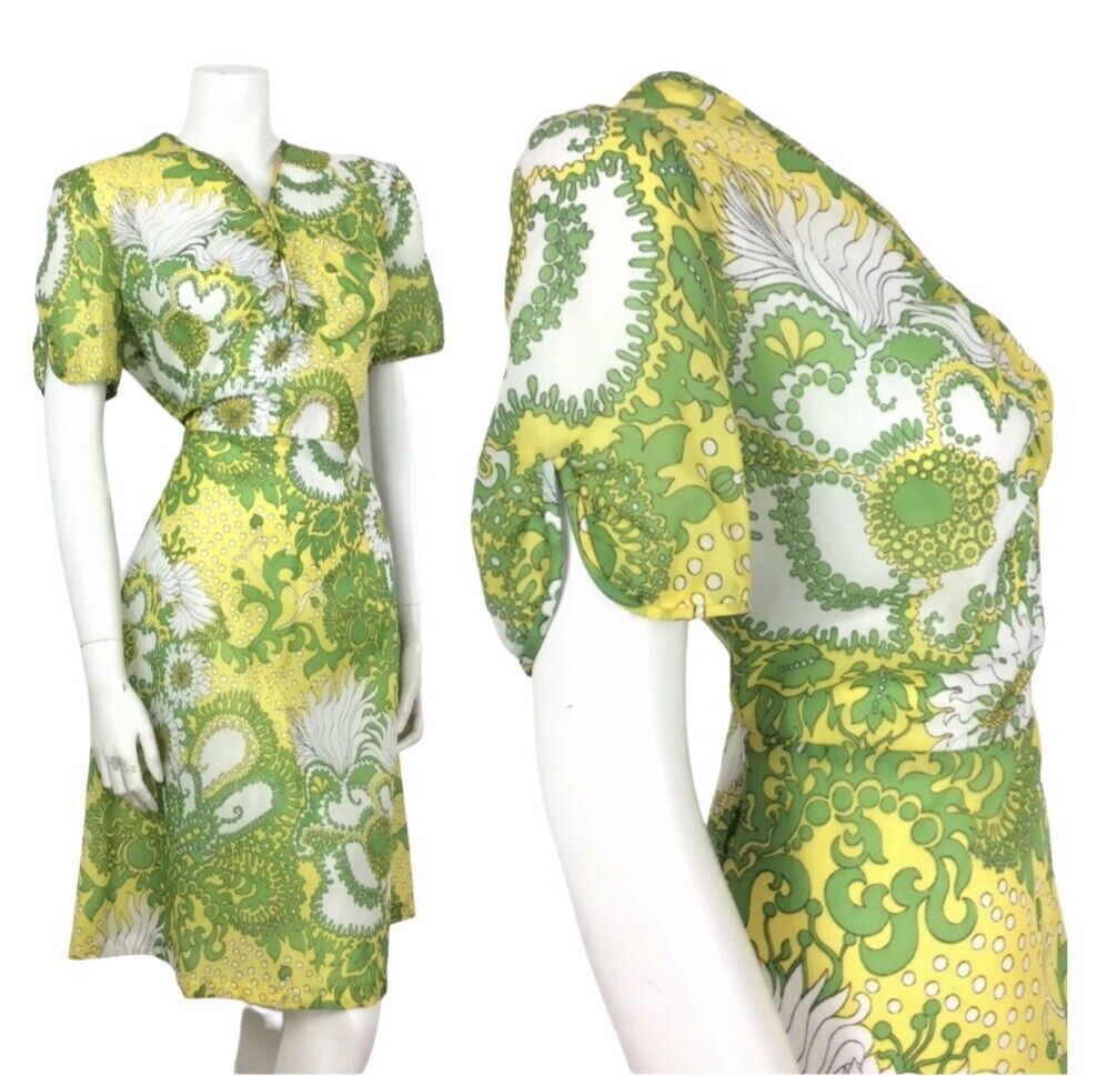 PSYCHEDELIC 70S VINTAGE YELLOW GREEN WHITE FLORAL DRESS 14