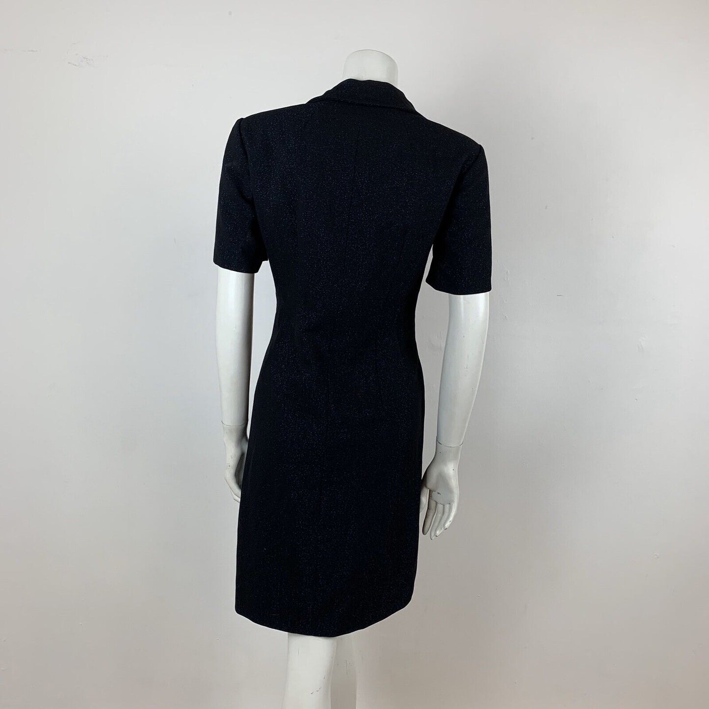VINTAGE 60s 70s BLACK BLUE GLITTER LUREX PARTY MOD PETER PAN COLLAR DRESS 10
