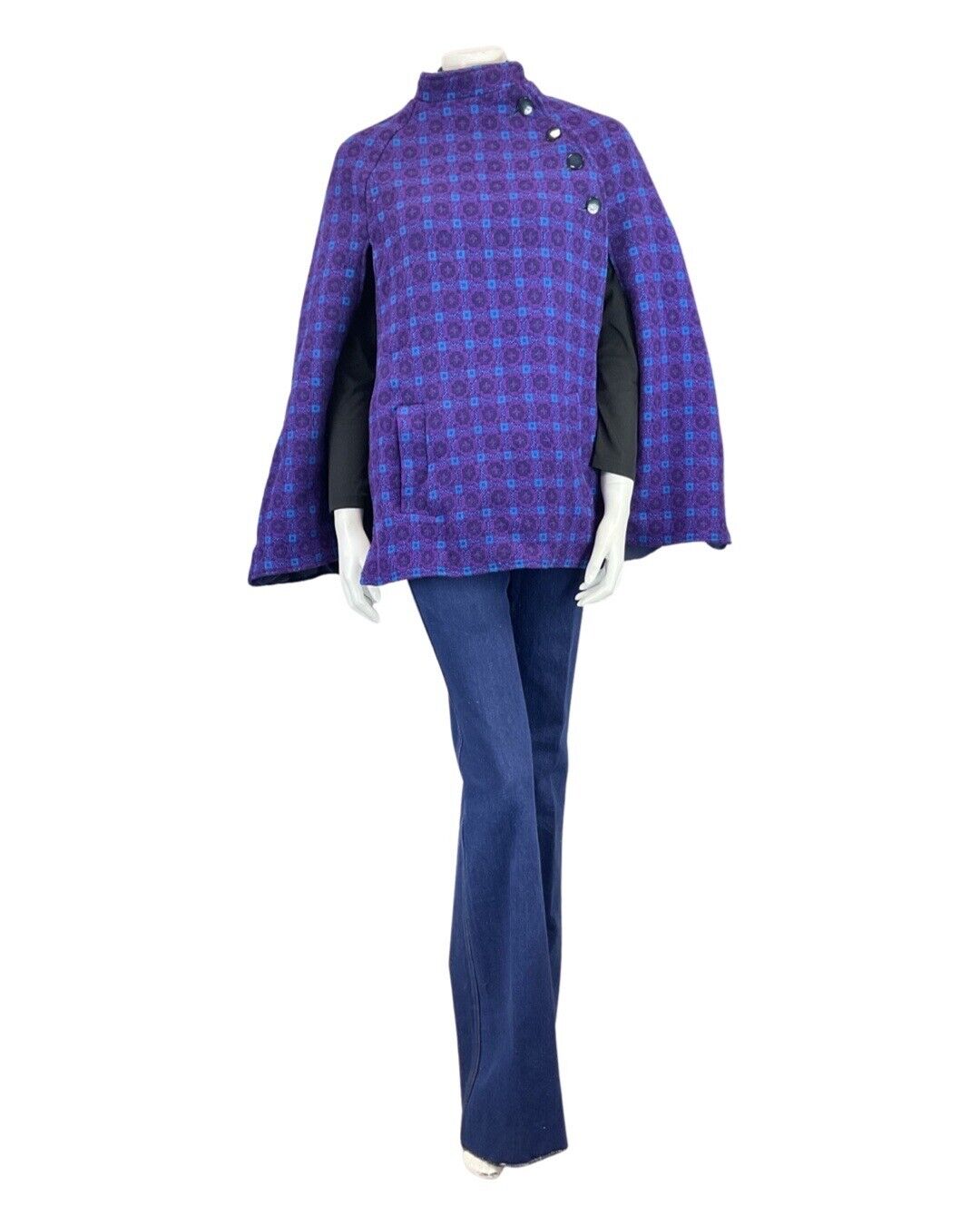 VINTAGE 60s PURPLE BLUE BLACK GEOMETRIC TILED MOD WOOL CAPE 6 8