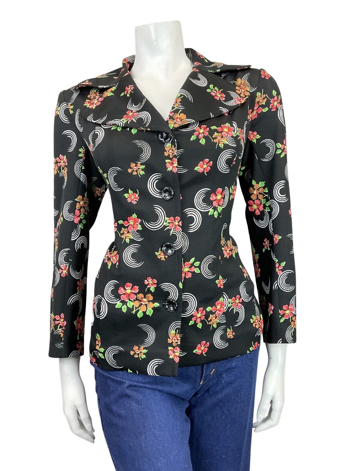 VINTAGE 60s 70s BLACK WHITE RED FLORAL CIRCULAR MOD SHIRT 12 14