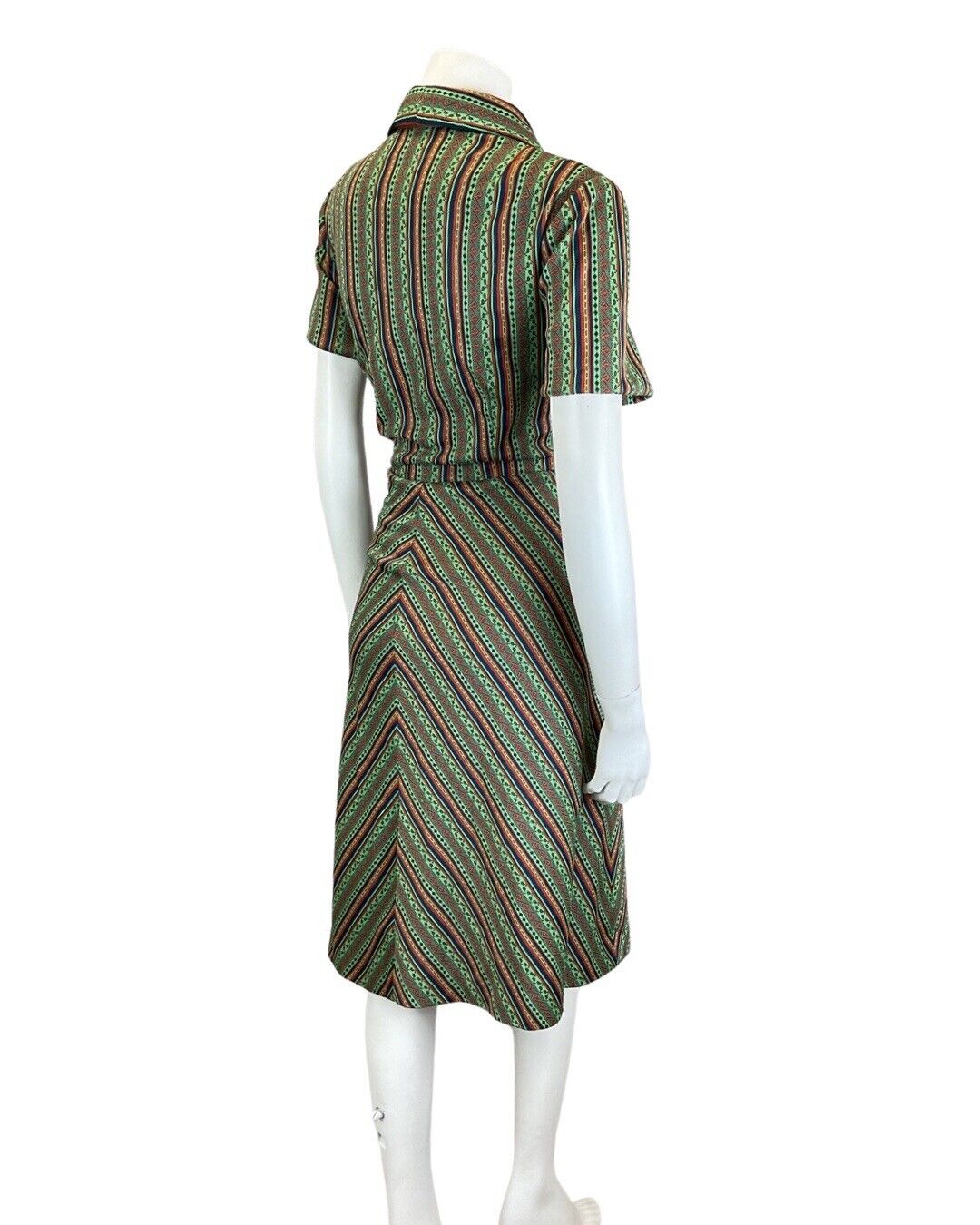 VINTAGE 60s 70s GREEN RED BLACK STRIPED GEOMETRIC BOHO FOLK SHIRT DRESS 16