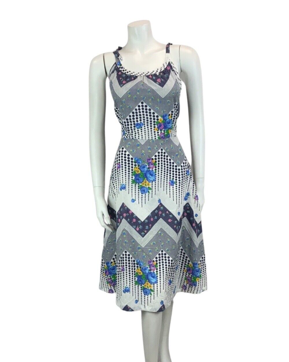 VINTAGE 60s 70s WHITE NAVY BLUE POLKA DOT FLORAL SUMMER DRESS 12