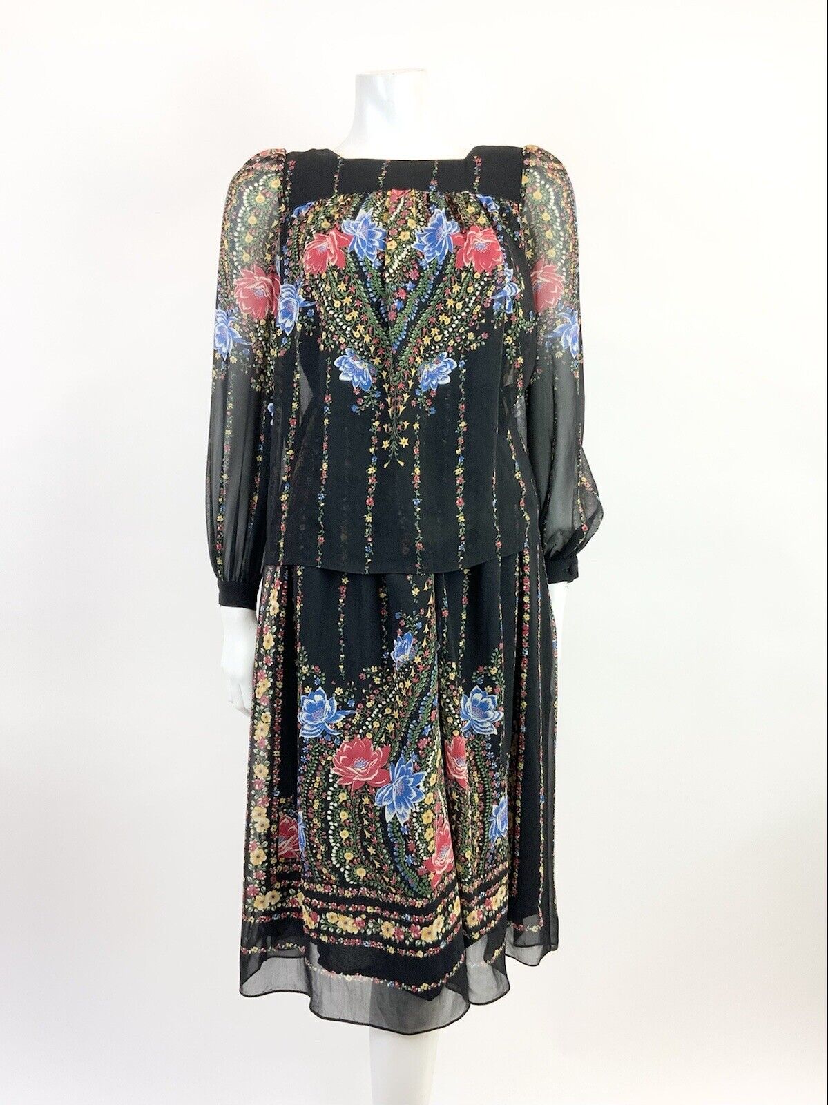 VTG 60s 70s BLACK RED BLUE FLORAL STRIPED MANDALA FOLK BOHO BLOUSON DRESS 10