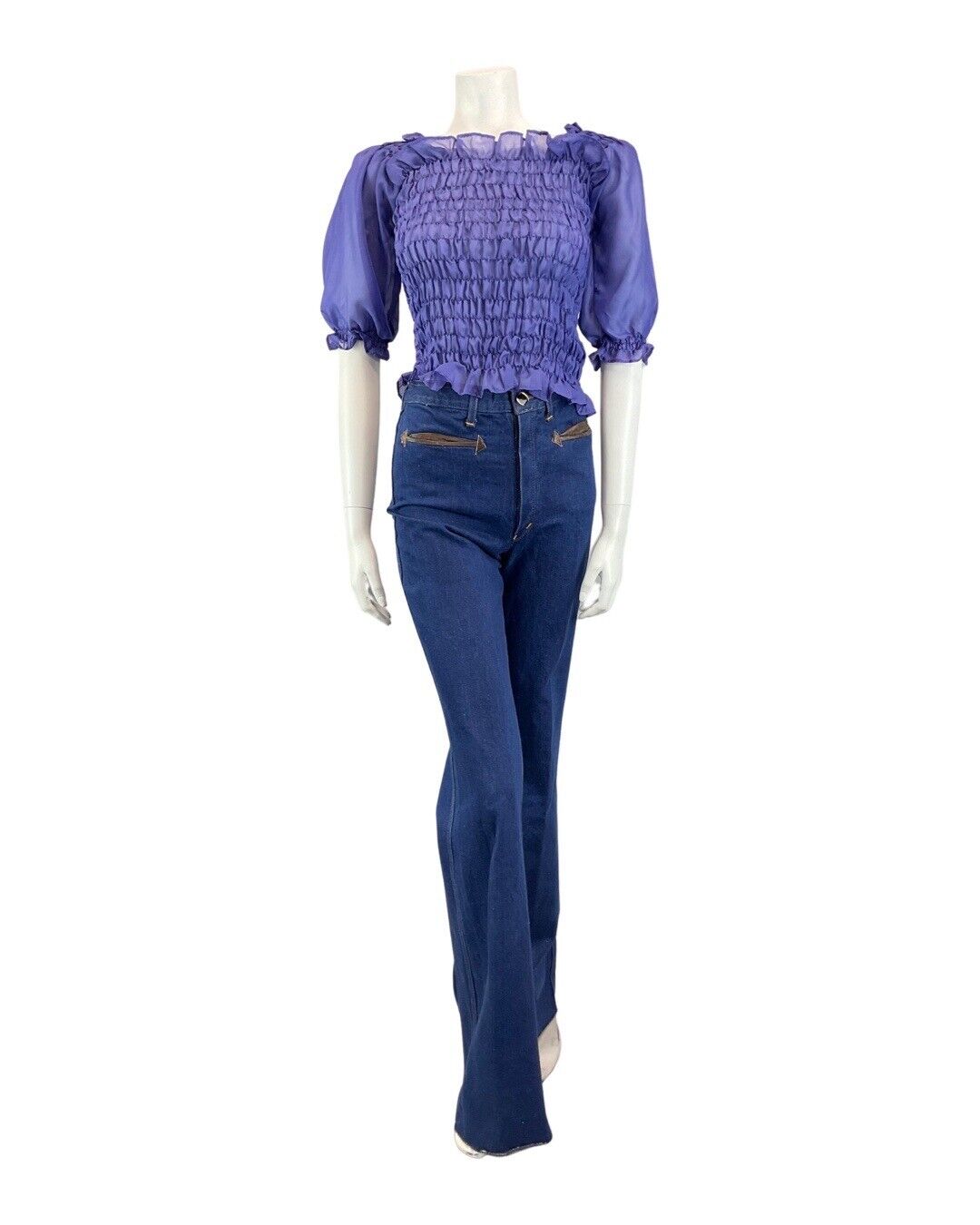 VINTAGE 60s 70s VIOLET PURPLE SHEER SHIRRED BOHO MOD BLOUSE TOP 8 10