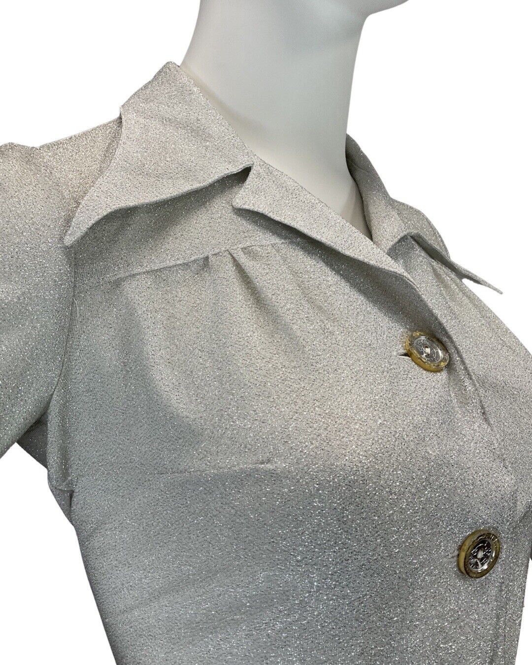 VINTAGE 60s 70s SILVER GLITTER MOD DISCO STUDIO 54 DAGGER COLLAR SHIRT 16 18