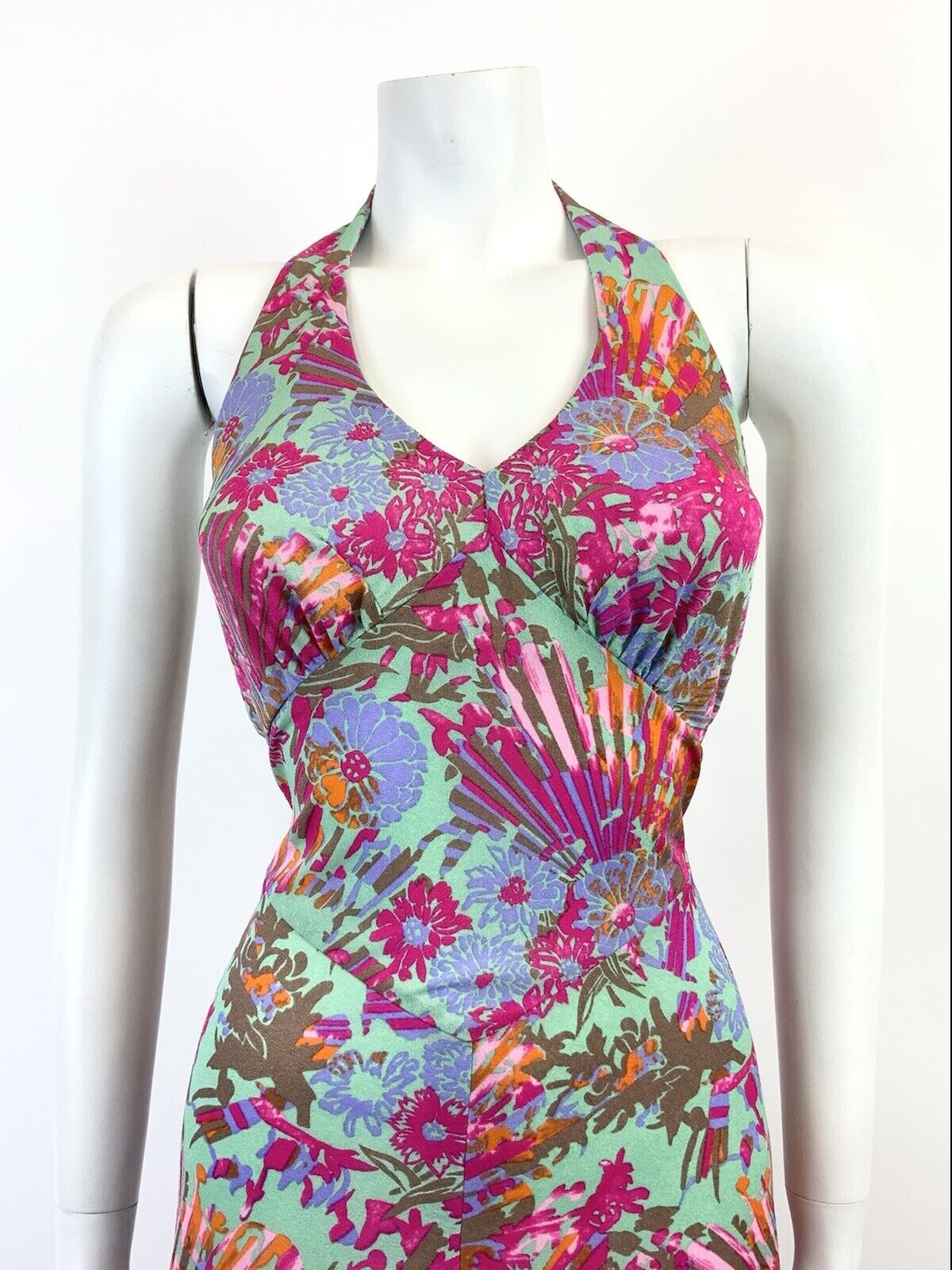 VINTAGE 60s 70s GREEN PINK ORANGE FLORAL HAWAIIAN HALTER MOD SWING DRESS 8 10