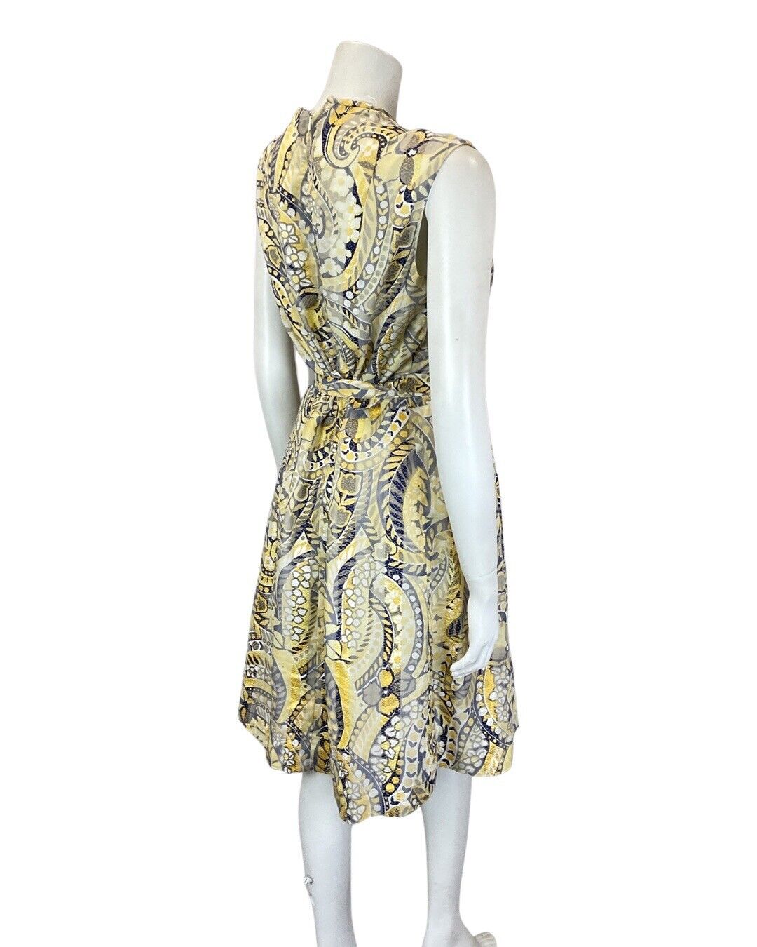 VINTAGE 60s 70s YELLOW BLUE PSYCHEDELIC PAISLEY FLOWER MOD SLEEVELESS DRESS 14