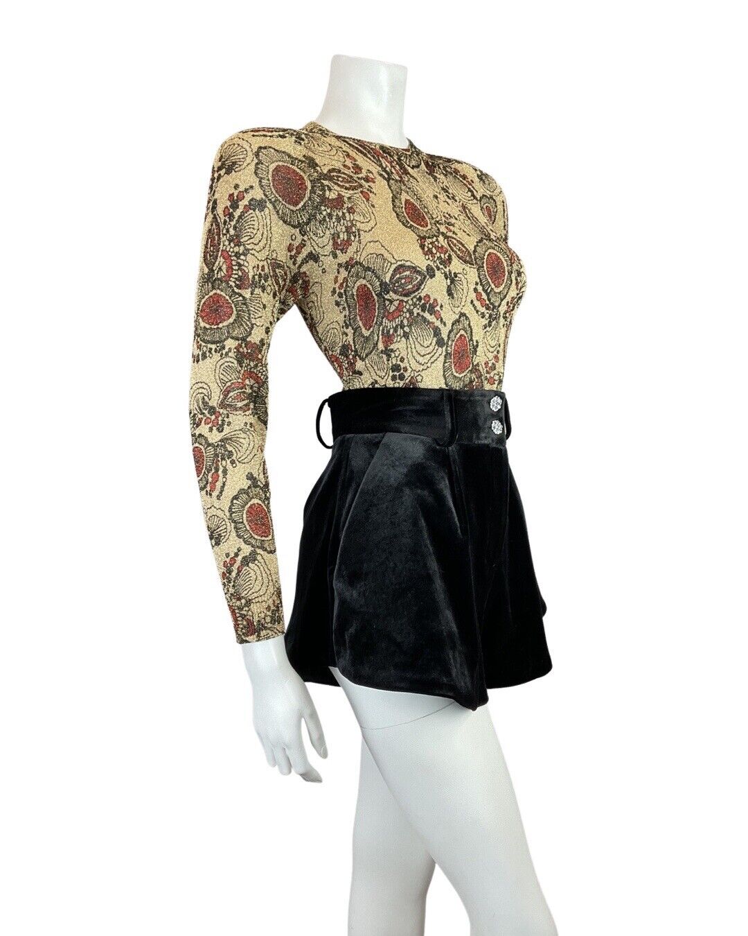VINTAGE 60s 70s GOLD BLACK RED PSYCHEDELIC FLORAL LONGSLEEVE LUREX BLOUSE 10 12