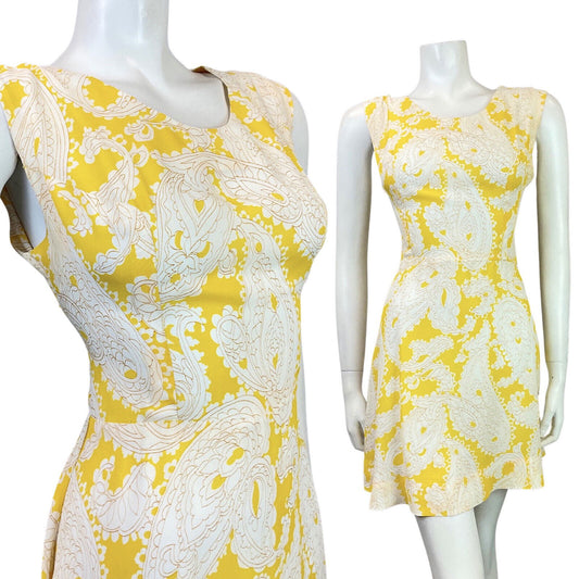VINTAGE 60s 70s SUNSHINE YELLOW WHITE FLORAL PAISLEY MOD SLEEVELESS DRESS 10 12