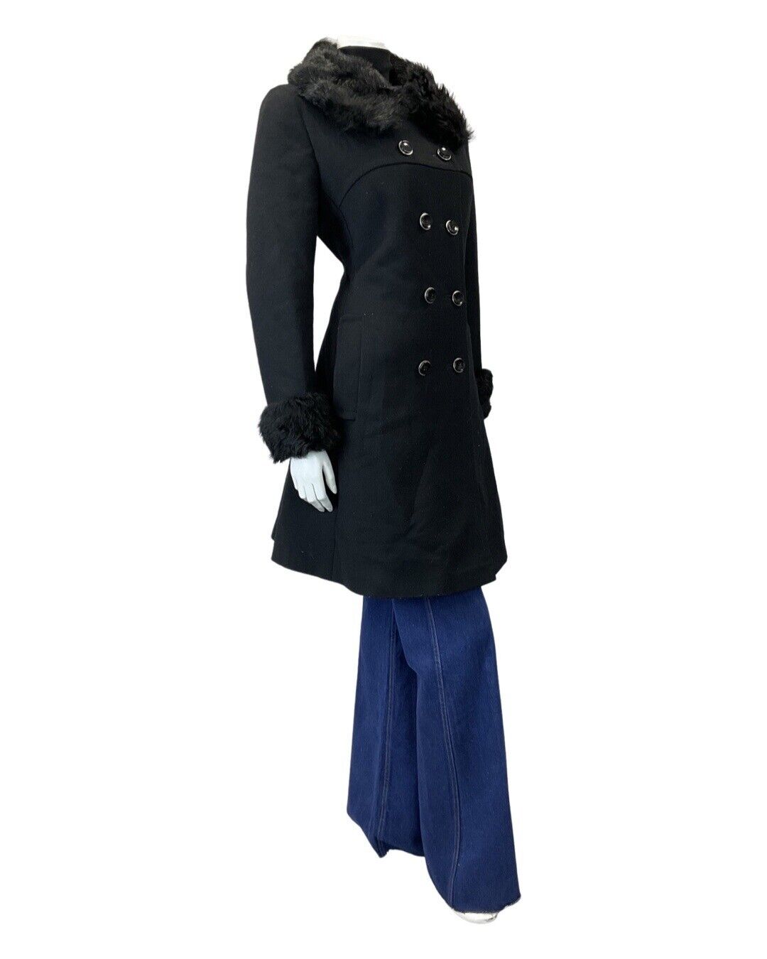 VINTAGE 60s 70s JET BLACK FAUX FUR DOUBLE BREASTED WOOL PRINCESS COAT 12