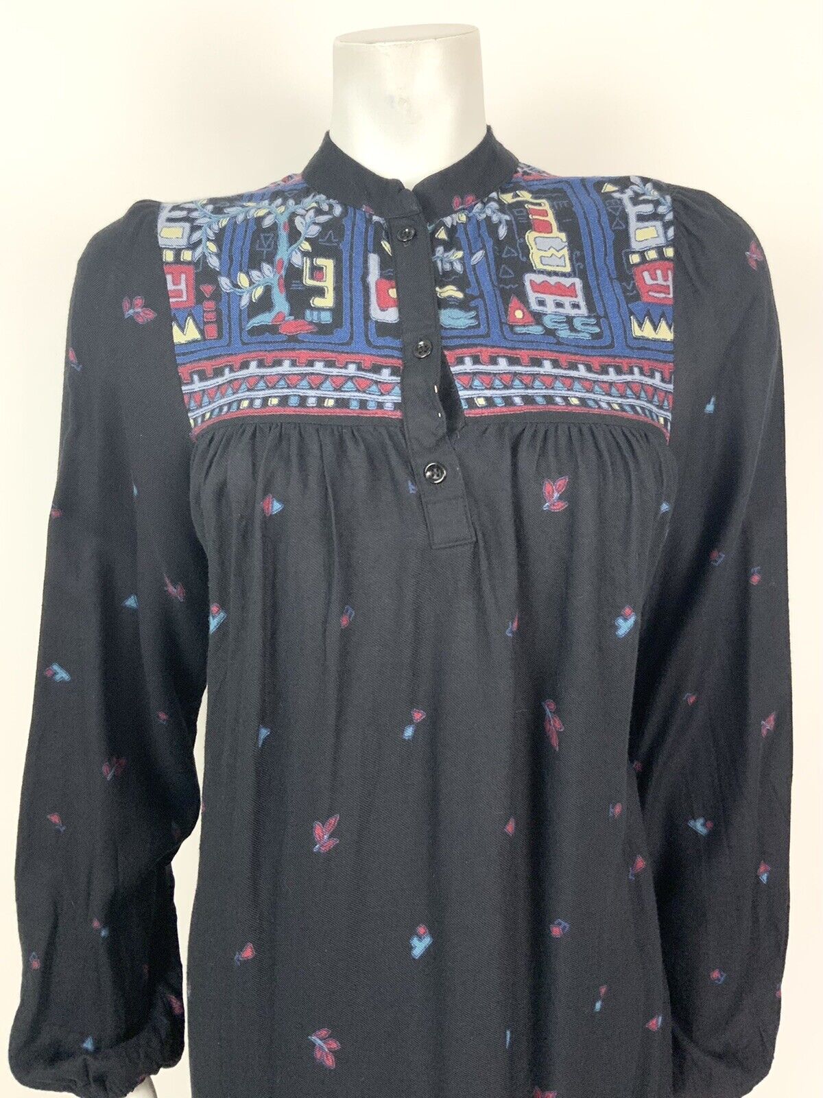 VINTAGE 60s 70s BLACK BLUE RED GEOMETRIC FLORAL KAFTAN BOHO FOLK DRESS 10 12