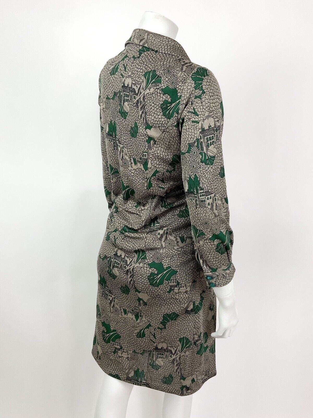VINTAGE 60s 70s BROWN GREEN BLACK LEAF TREE CHURCH SHIRT DRESS 12