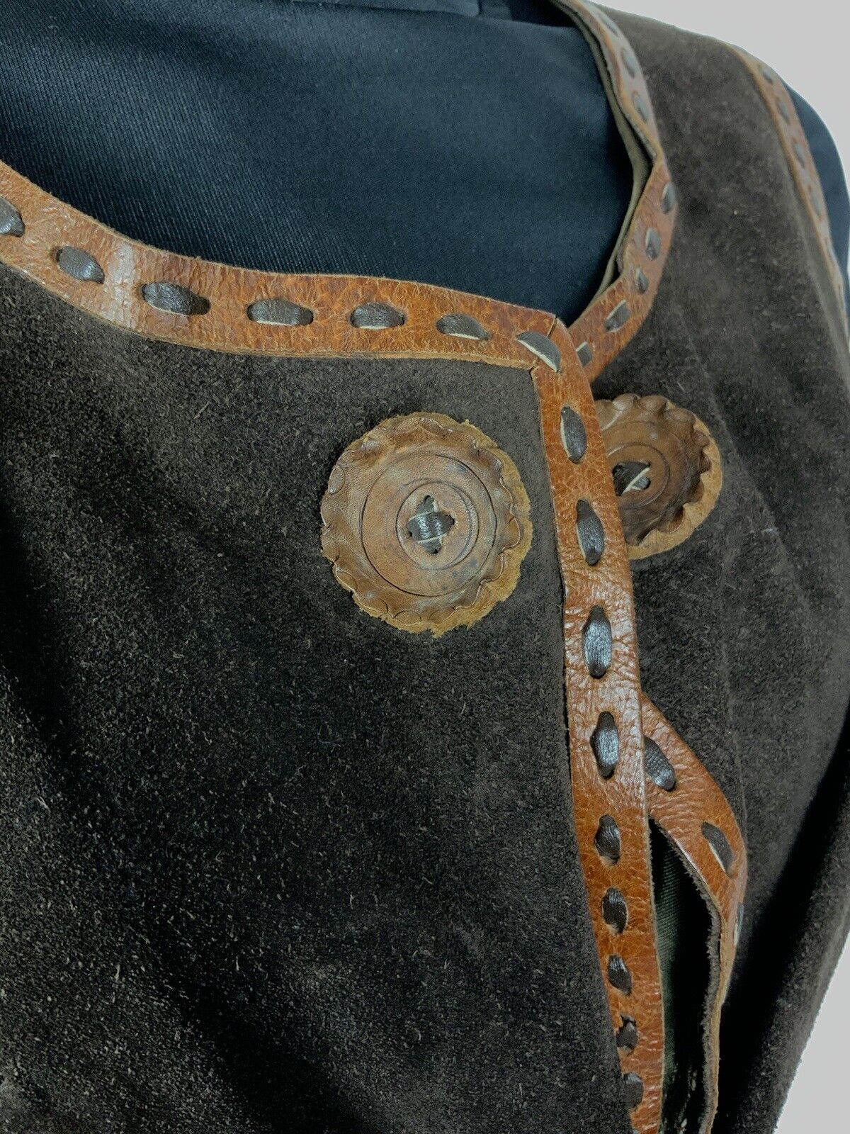 VTG 60s 70s BROWN ORANGE SUEDE LEATHER TASSLED BOHO FOLK WAISTCOAT DRESS 12
