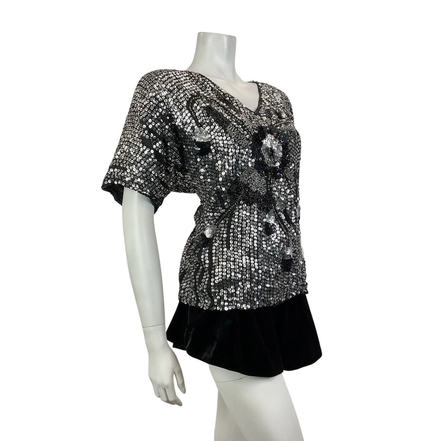 VINTAGE 70s 80s SILVER BLACK SEQUIN BEADED FLORAL DISCO GLAM PARTY TOP 14 16