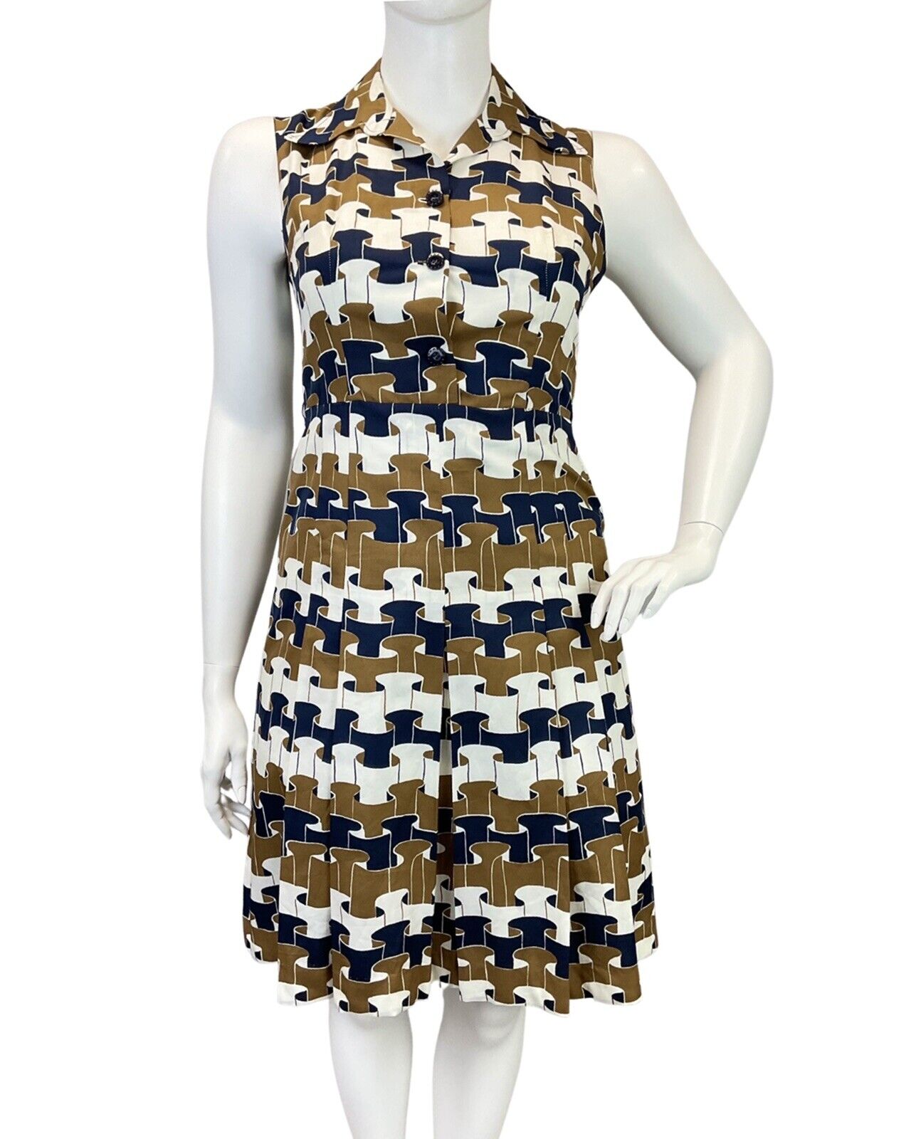 VINTAGE 60s 70s BROWN WHITE BLUE GEOMETRIC RUFFLE MOD DAGGER SHIRT DRESS 16