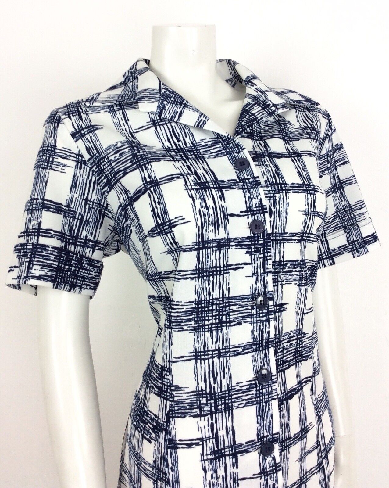 VINTAGE 60s 70s GEOMETRIC LINE PRINT TEA SHIRT DRESS WHITE BLUE 14 16