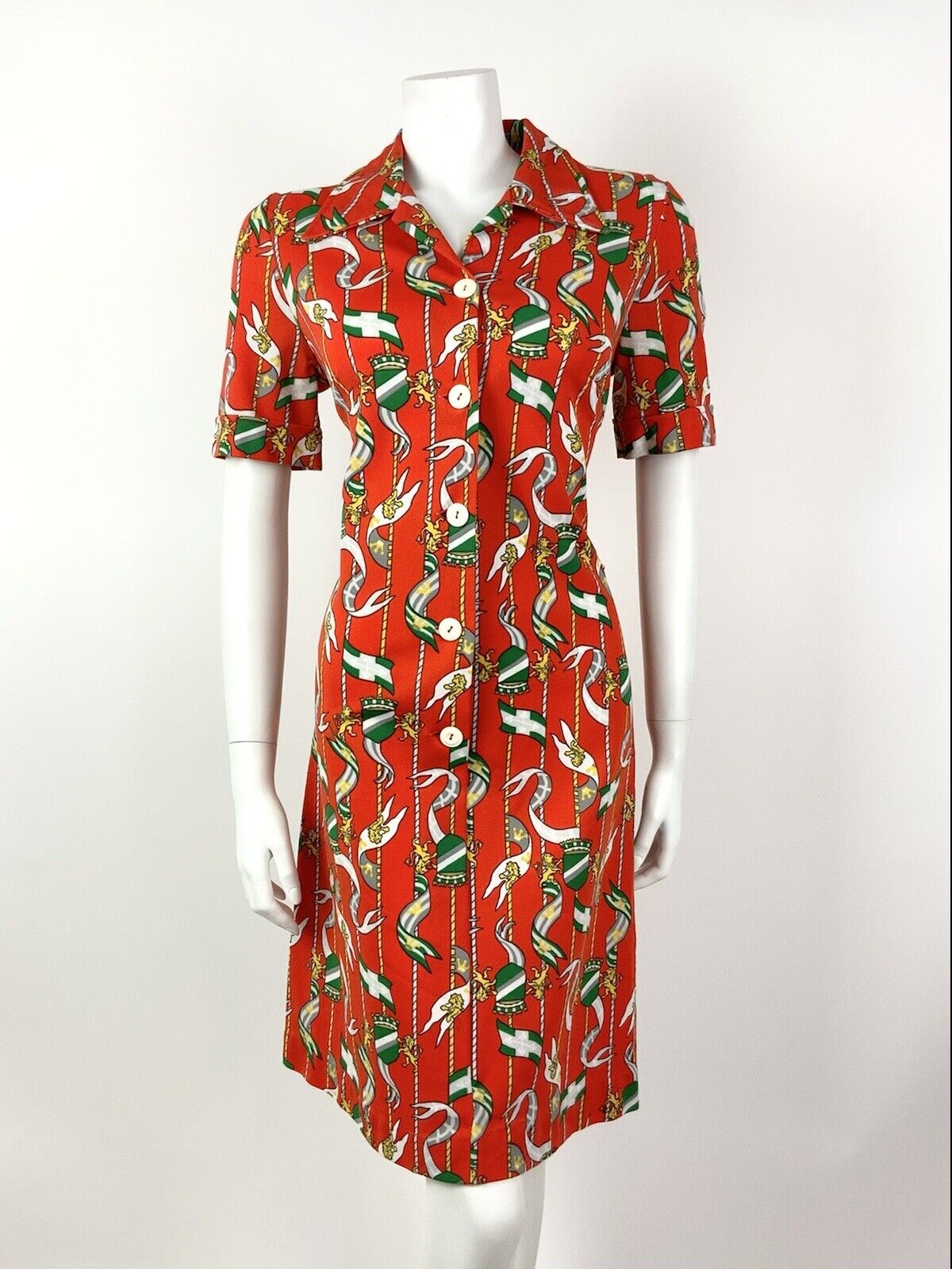 VTG 60s 70s RED ORANGE GREEN GREY FLAG LION CREST MOD DAGGER SHIRT DRESS 12 14