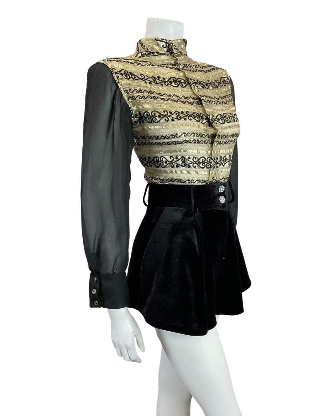 VINTAGE 60s 70s BLACK GOLD STRIPED SWIRL SHEER PARTY STUDIO 54 BLOUSE 8 10