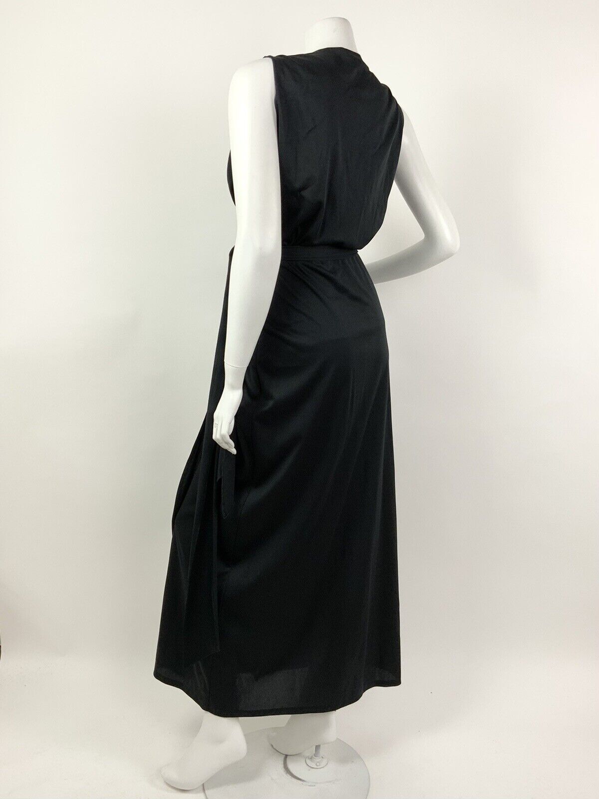 VINTAGE 60s 70s BLACK DIAMANTE PLUNGE NECK STUDIO 54 WRAP MAXI DRESS GOWN 6 8 10