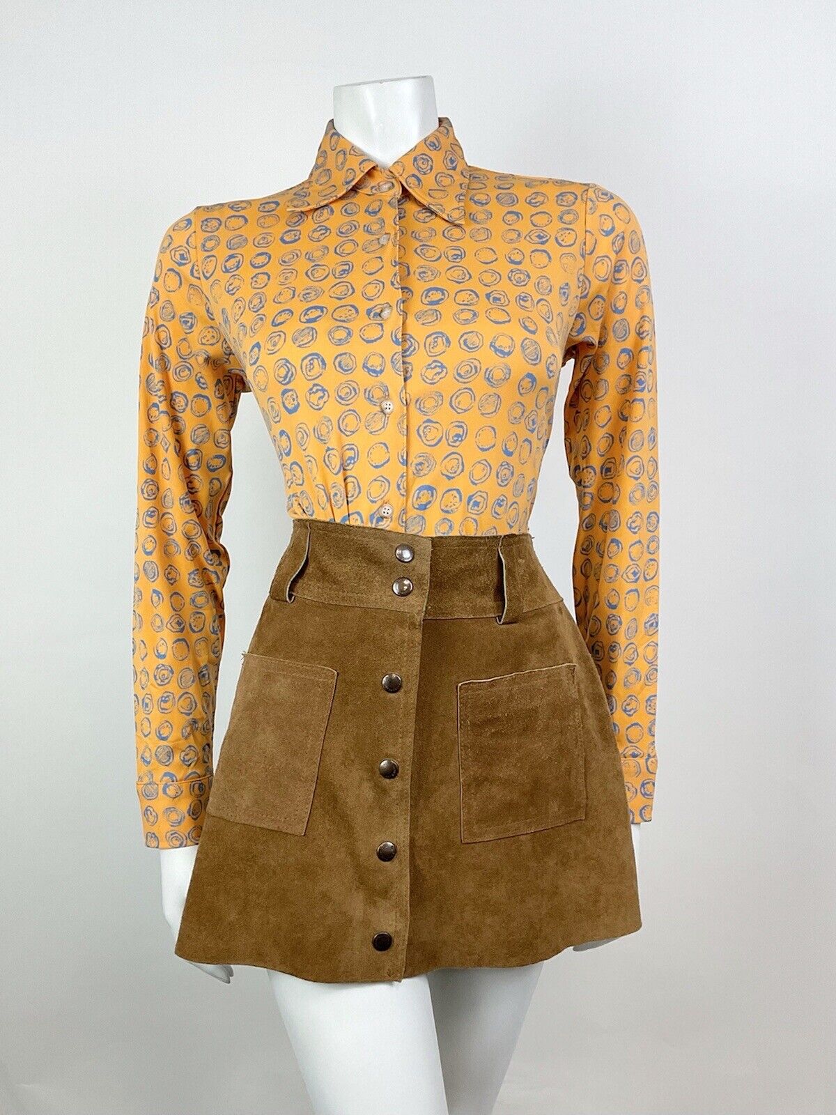 VINTAGE 60s 70s ORANGE BLUE PSYCHEDELIC CIRCLE DOTTY DAGGER SHIRT BLOUSE 8 10