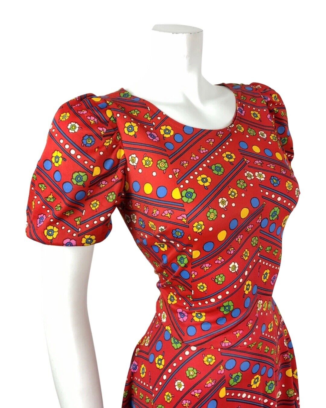 VTG 60s 70s RED BLUE YELLOW GREEN FLORAL DOTTY PUFF SLEEVE MOD SWING DRESS 8 10
