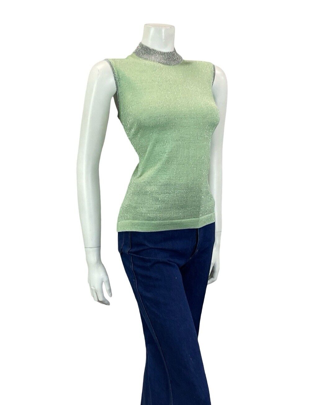 VTG 60S MOD GOGO PASTEL GREEN SILVER LUREX HIGH NECK BOXY PARTY TANK TOP 10