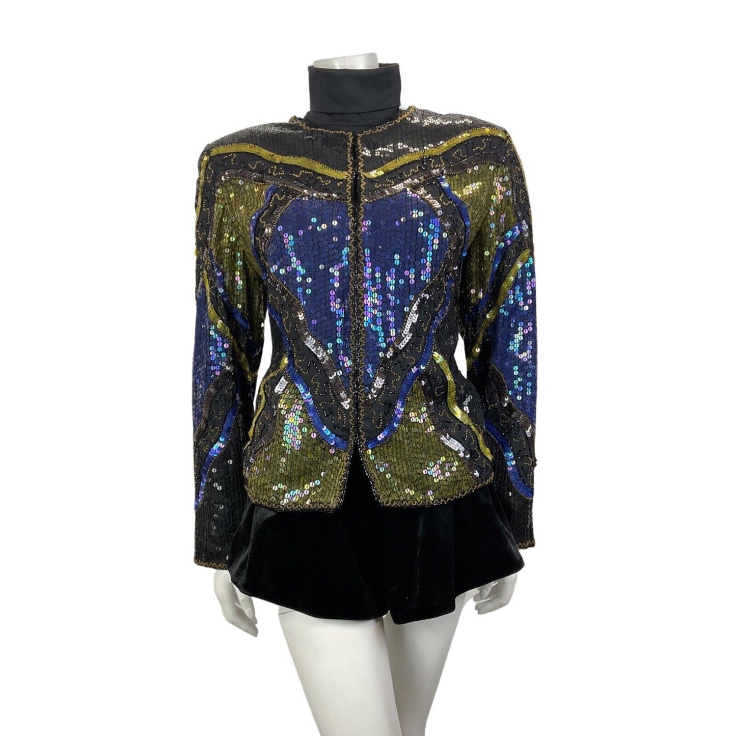 VINTAGE 70s 80s BLACK BLUE GOLD GEOMETRIC WAVY DISCO GLAM TROPHY JACKET 14 16