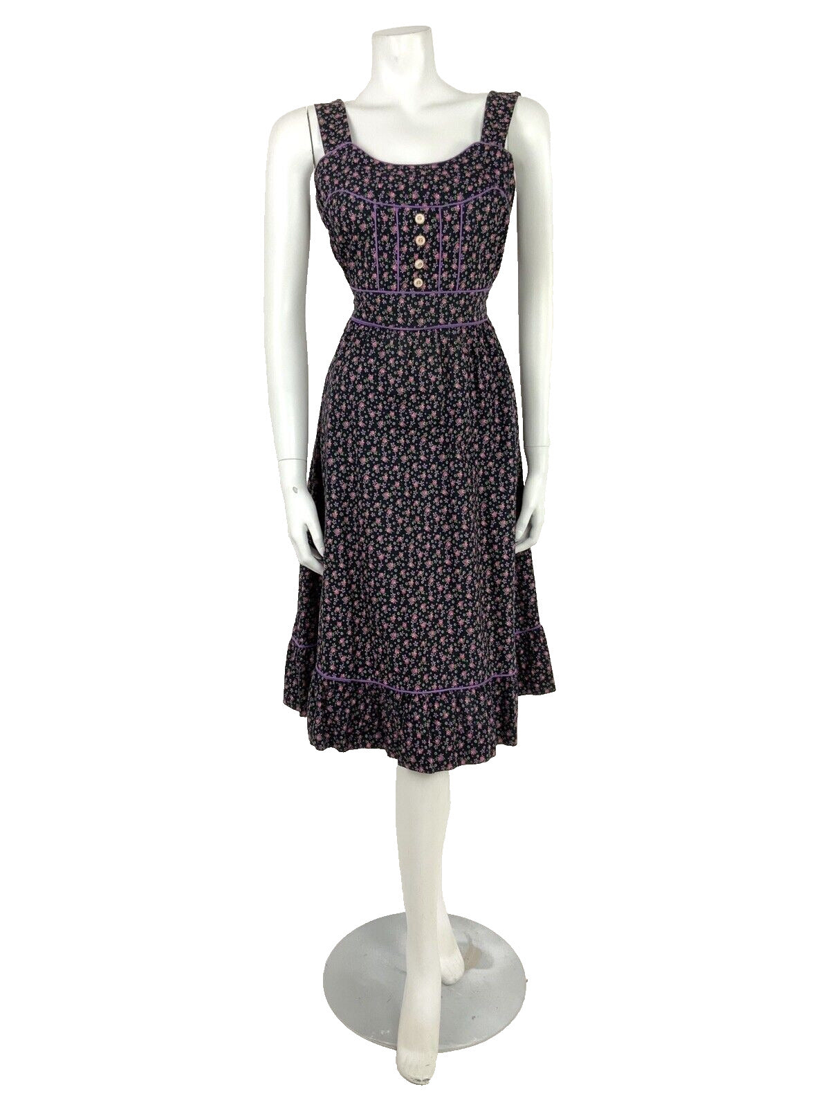VTG 60s 70s BLACK PINK PURPLE WHITE GREEN FLORAL DITSY FOLK PRAIRIE DRESS 8 10