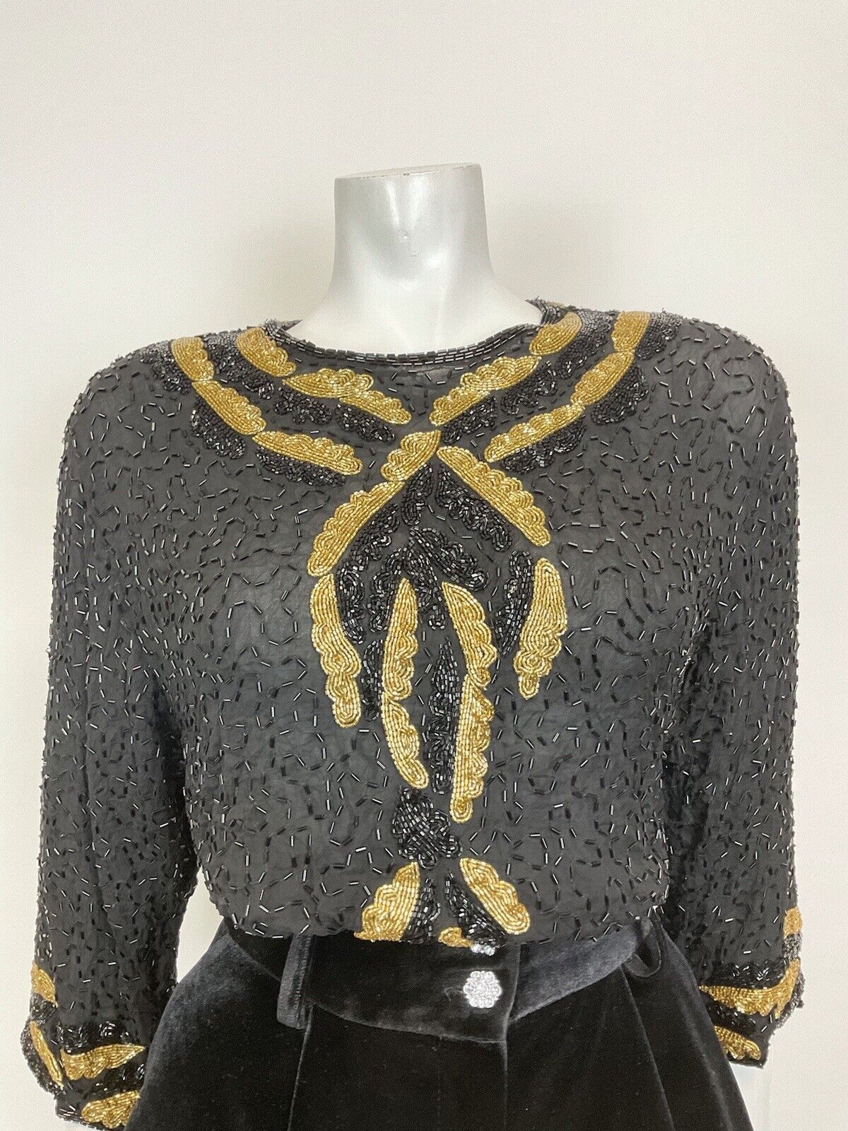 VINTAGE 70s 80s BLACK GOLD SEQUIN BEADED GLAM DISCO PARTY BLOUSE TOP 16 18