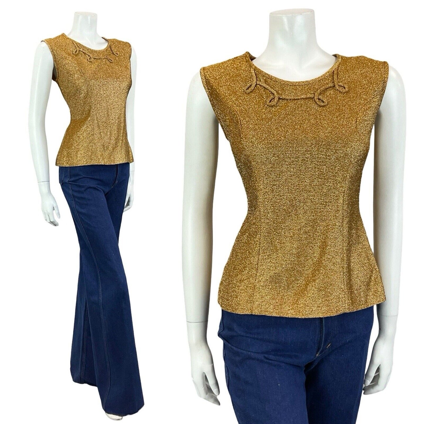 VTG 60S GOLD LUREX SWIRL PIPING ROUNDED NECK SLEEVELESS FITTED PARTY TOP 10