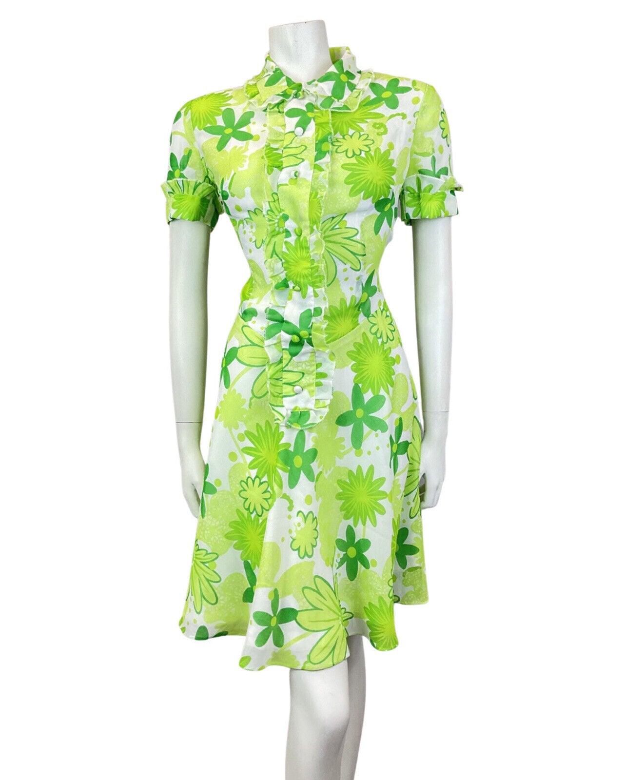 VINTAGE 60s 70s LIME FOREST APPLE GREEN FLORAL DAISY MOD SHIRT DRESS 10 12