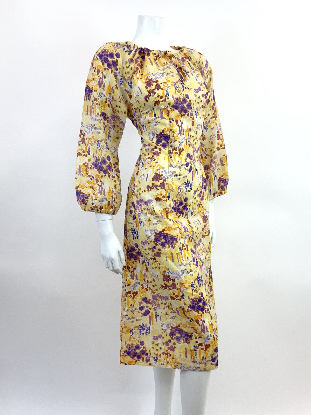 VINTAGE 60s 70s YELLOW WHITE PURPLE FLORAL DITSY BOHO FOLK FLOATY DRESS 14 16