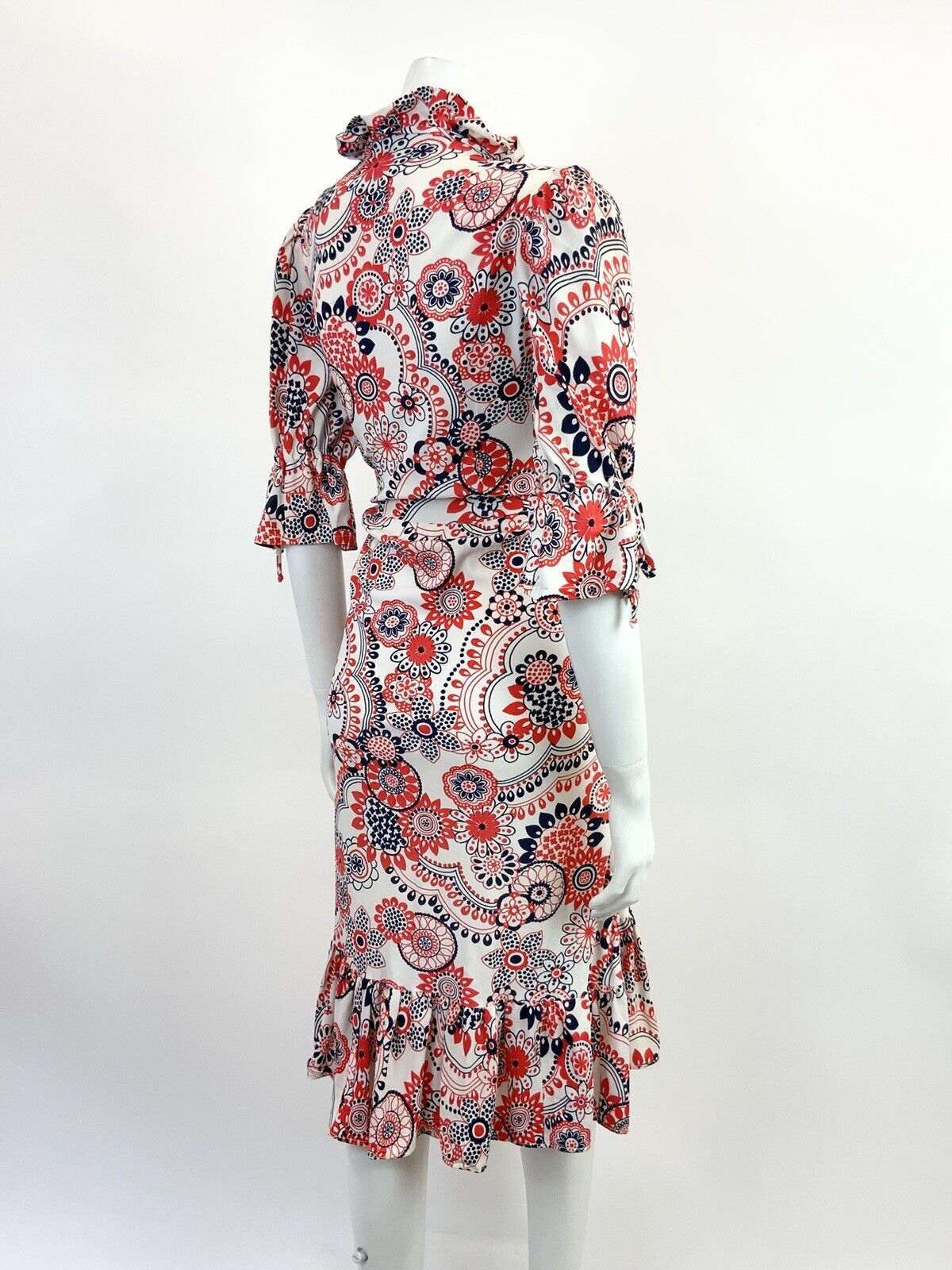 VINTAGE 60s 70s WHITE RED BLUE FLORAL MANDALA PSYCHEDELIC MOD RUFFLE DRESS 12 14
