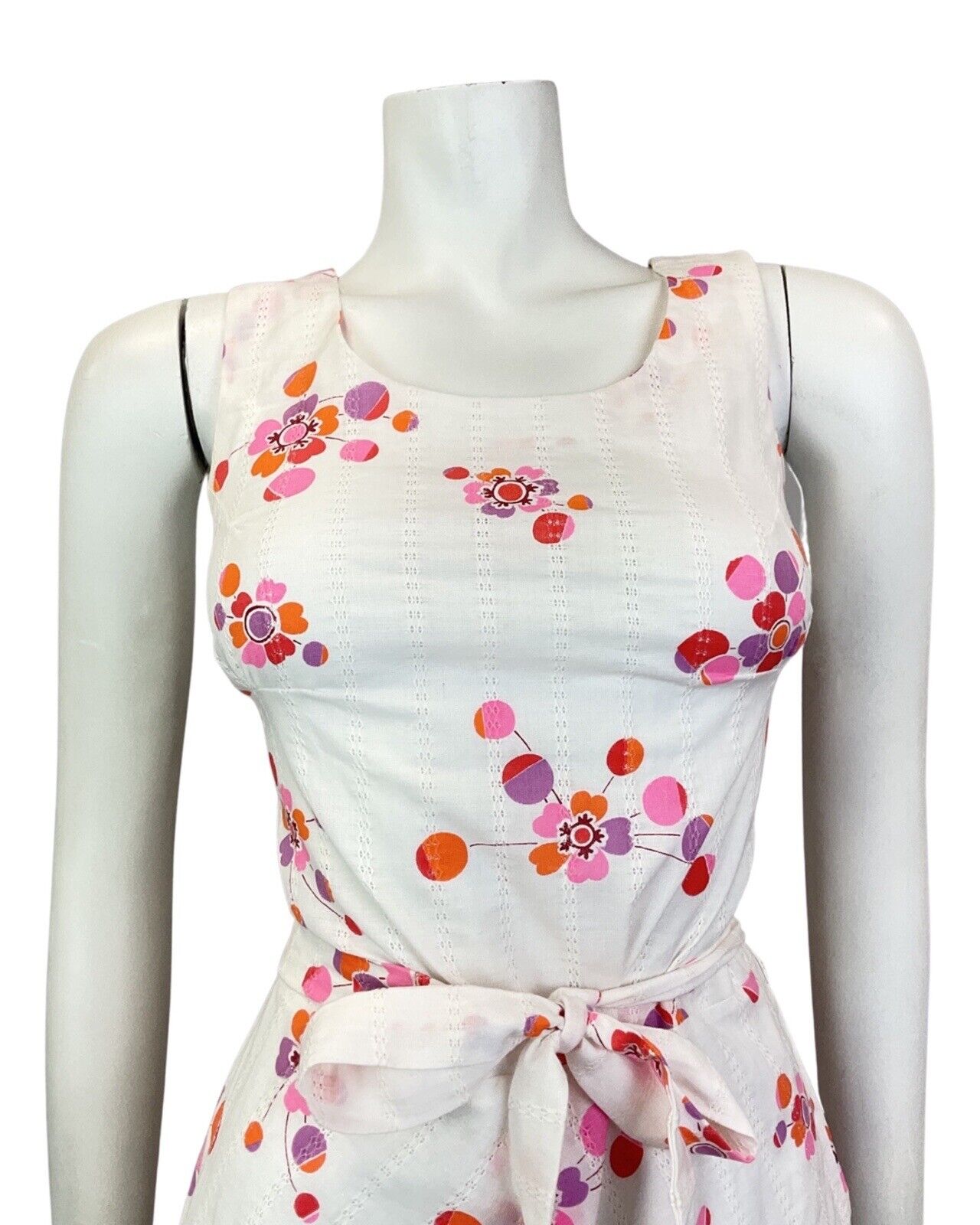 VINTAGE 60s 70s WHITE RED PINK FLORAL DOTTY MOD SLEEVELESS SUMMER DRESS 10