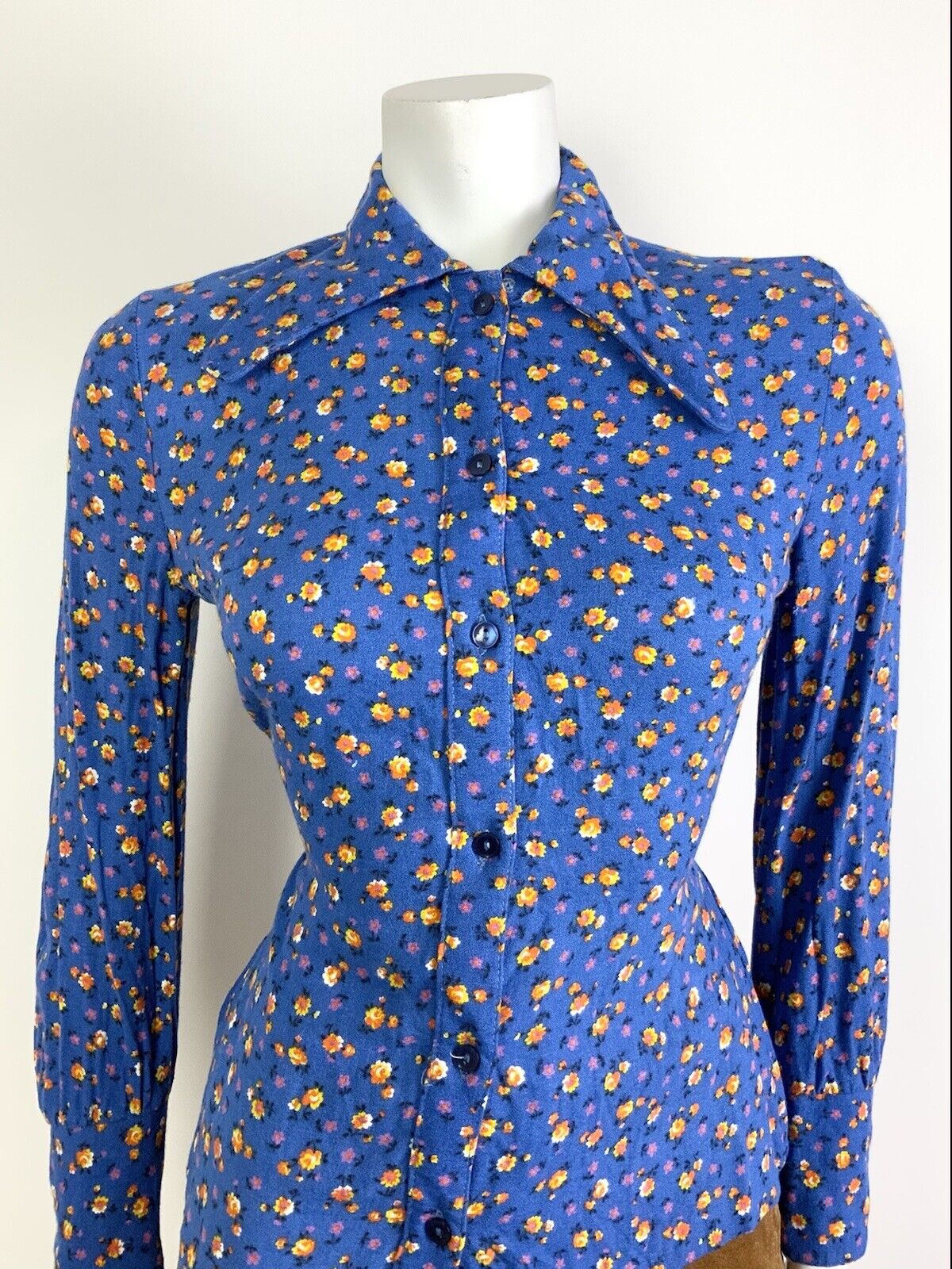 VTG 60s 70s BLUE ORANGE FLORAL DITSY DOG EAR BEAGLE COLLAR MOD SHIRT BLOUSE 8 10