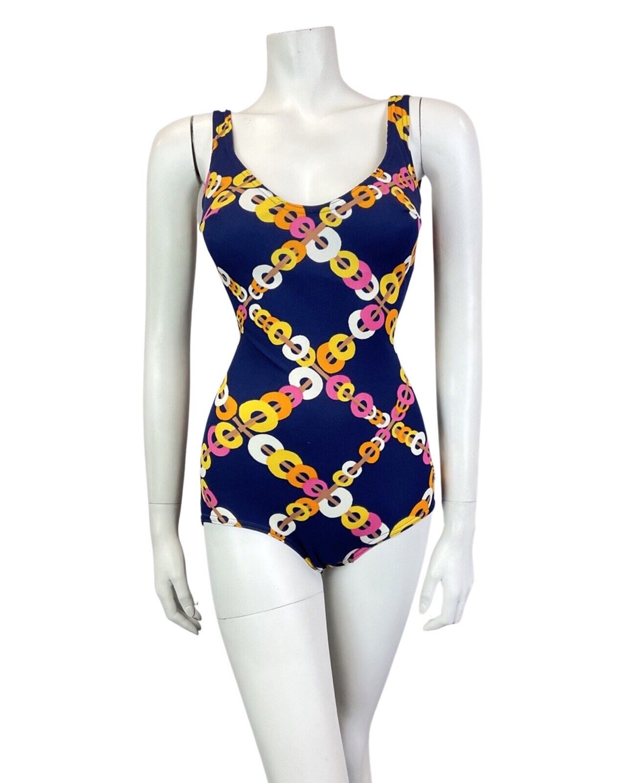 VINTAGE 60s 70s BLUE ORANGE PINK CHAIN-LINK GEOMETRIC MOD SWIMSUIT BODYSUIT 8