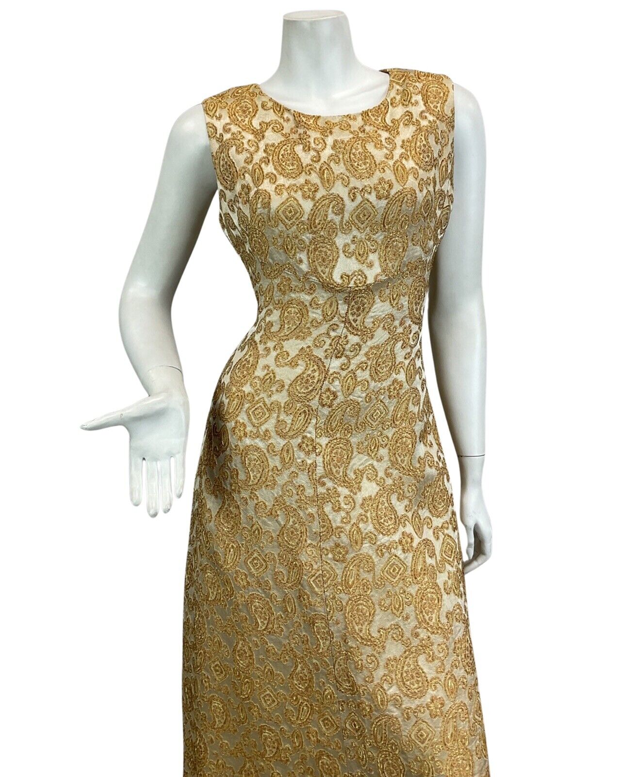 VTG 60s 70s GOLD BRONZE PAISLEY PRINT EMBROIDERED BOHO PARTY MAXI DRESS 10 12