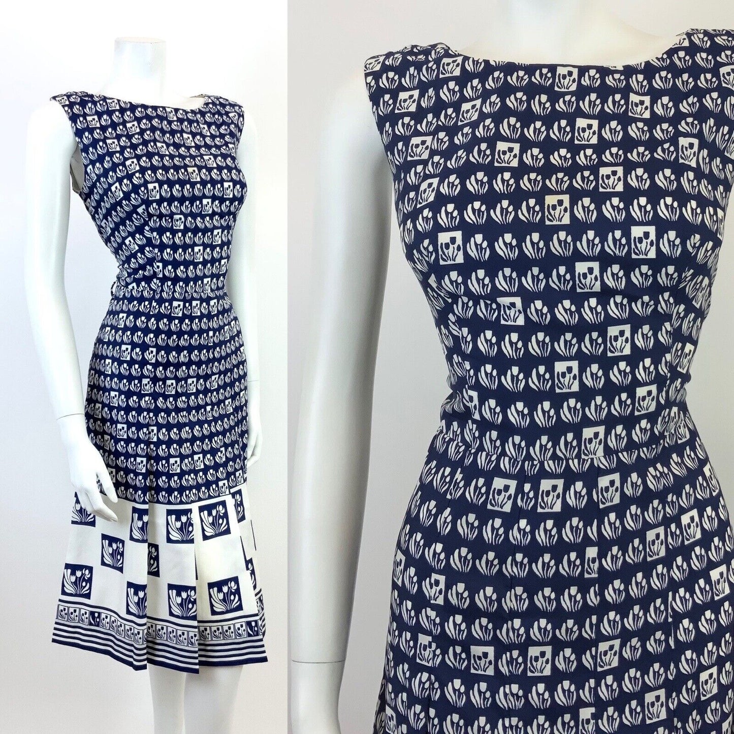 VINTAGE 60s 70s NAVY BLUE WHITE GEOMETRIC CHECKED FLORAL SLEEVELESS MOD DRESS 12