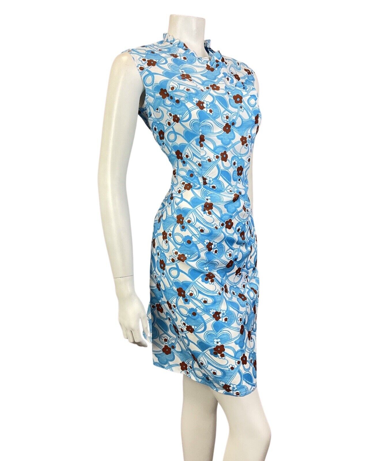 VINTAGE 60s 70s BLUE WHITE BROWN PSYCHEDELIC DAISY FLOWER MOD WIGGLE DRESS 14 16
