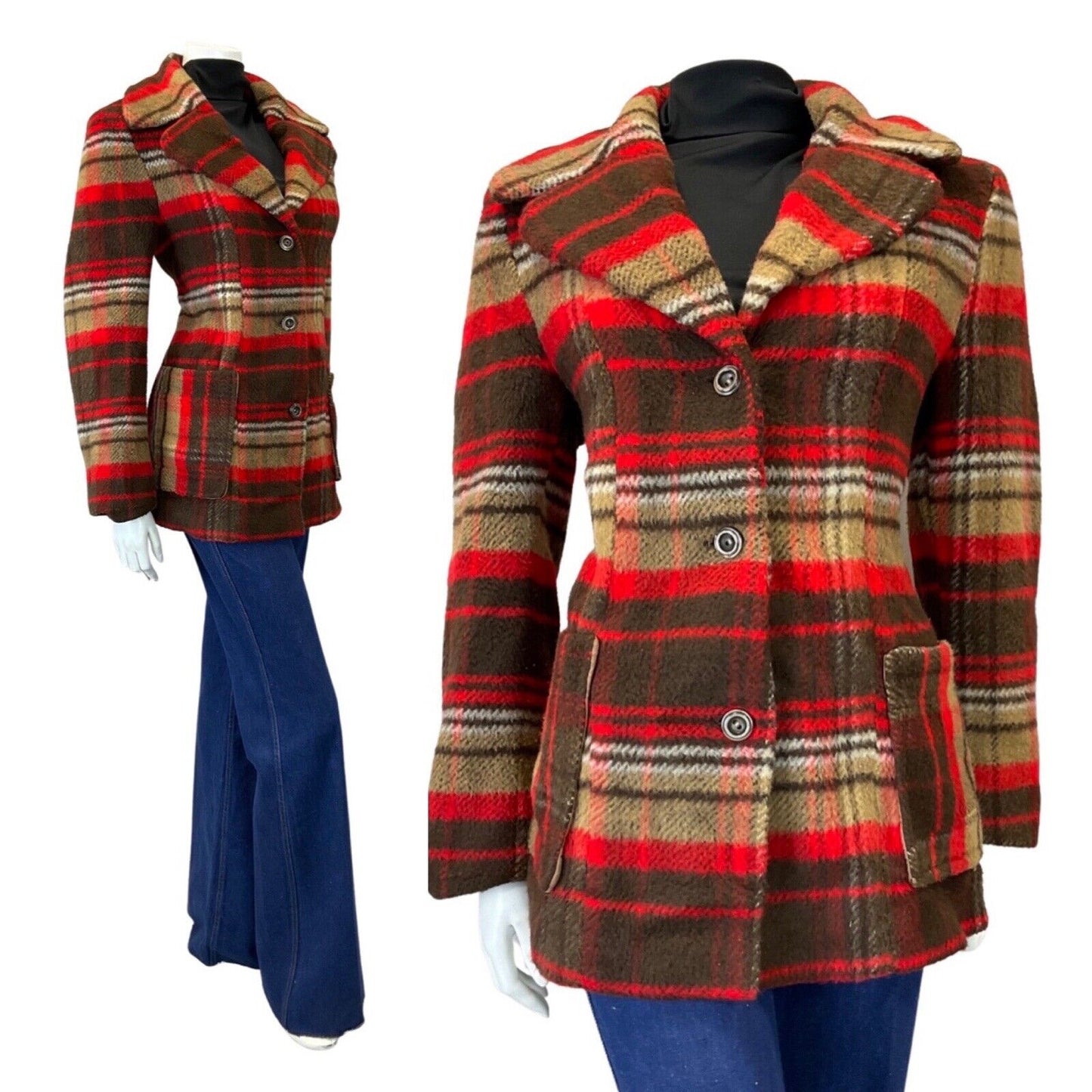 VINTAGE 60s 70s BROWN RED PLAID CHECKED STRIPED MOD WOOL SHORT COAT 14 16