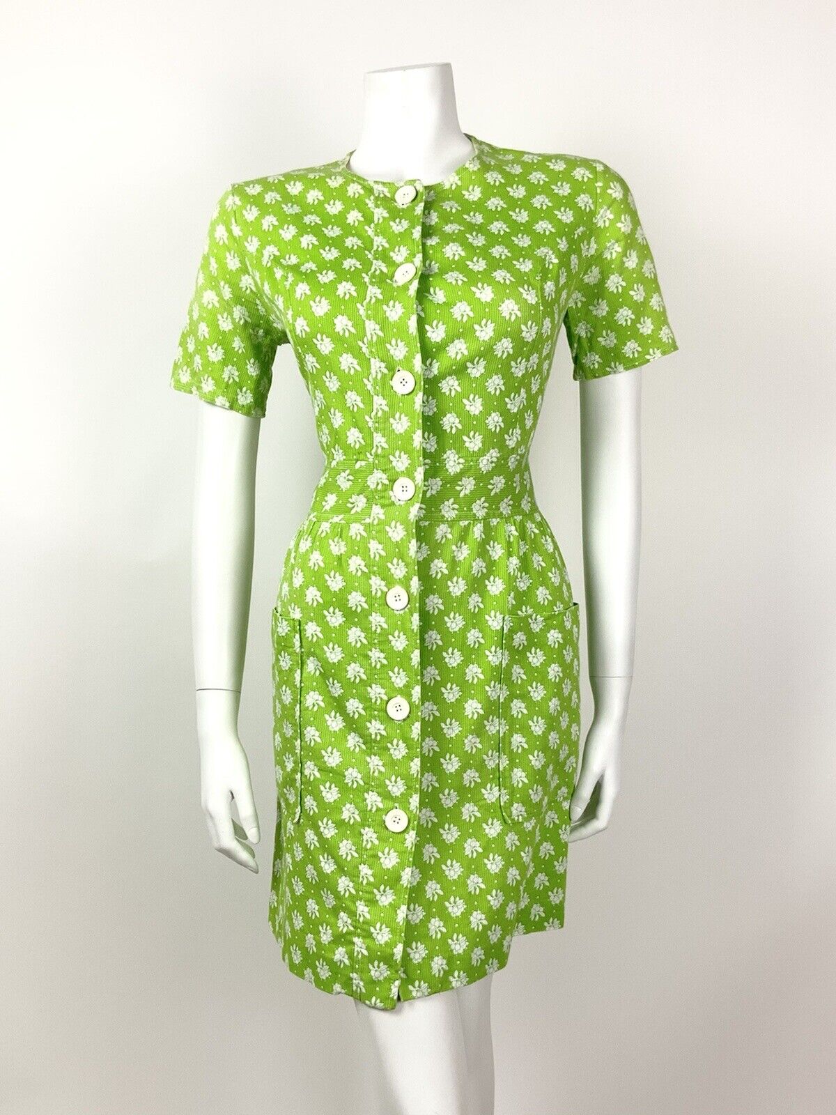 VINTAGE 60s 70s LIME GREEN WHITE FLORAL DOTTY MOD COTTON DRESS 10 12