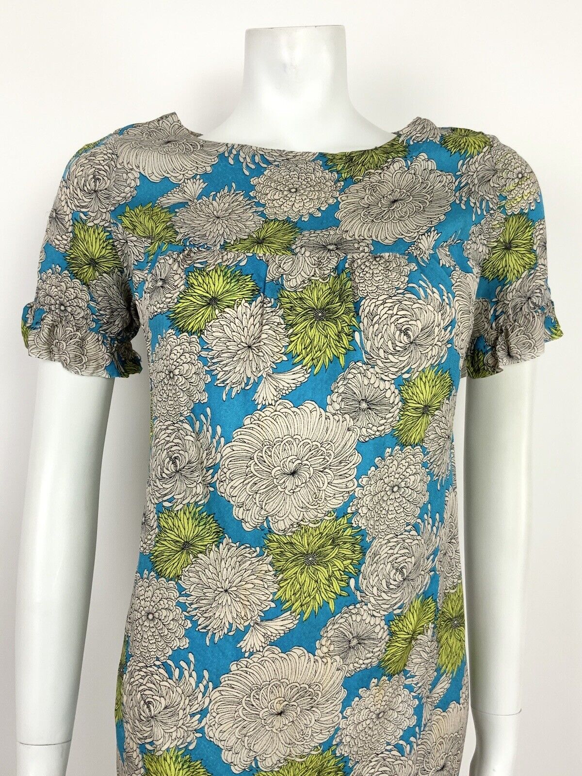 VTG 60s 70s BLUE LIME GREEN CHRYSANTHEMUM FLORAL PSYCHEDELIC SHIFT DRESS 10 12