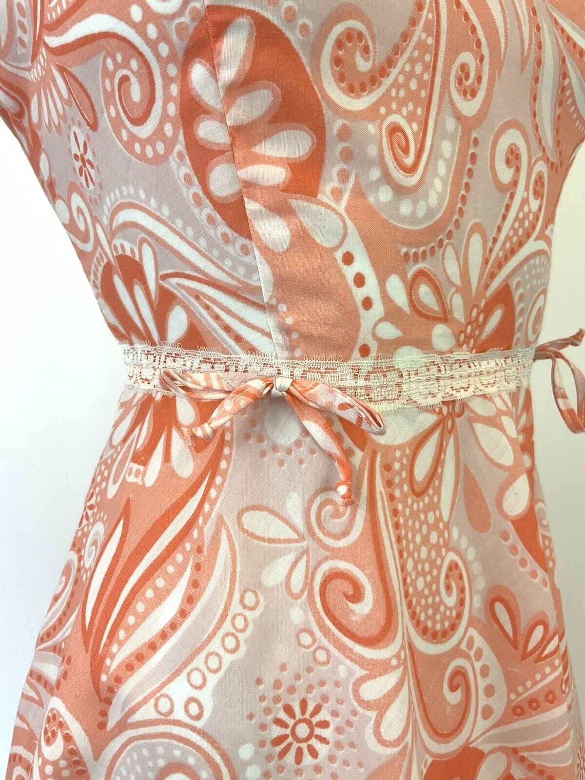VTG 60s 70s PINK ORANGE WHITE PSYCHEDELIC FLORAL PAISLEY LACE MOD DRESS 10 12