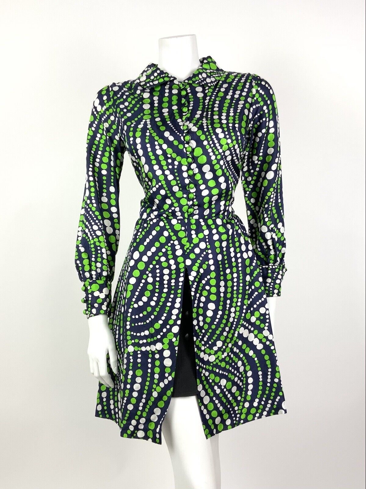 VINTAGE 60s 70s NAVY BLUE GREEN WHITE DOTTY WAVY MOD SPLIT SHIRT DRESS 10